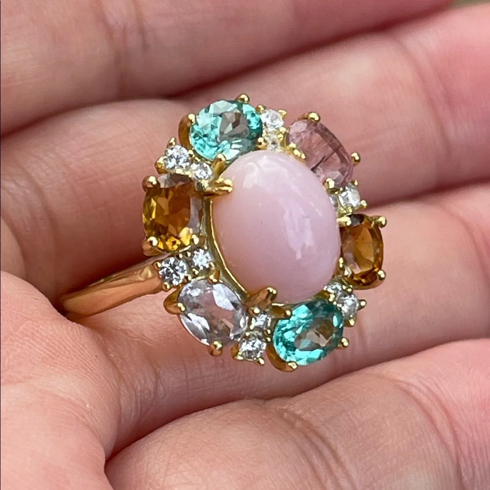 18k Gold Plated over 925 Sterling Silver Pink Opal & Tourmaline Ring Size 7.5